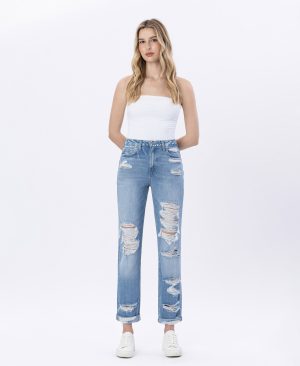 Elastic Blue – Super High Rise Distressed Cuffed Mom Jeans