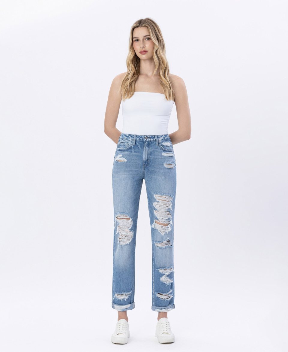 Elastic Blue - Super High Rise Distressed Cuffed Mom Jeans