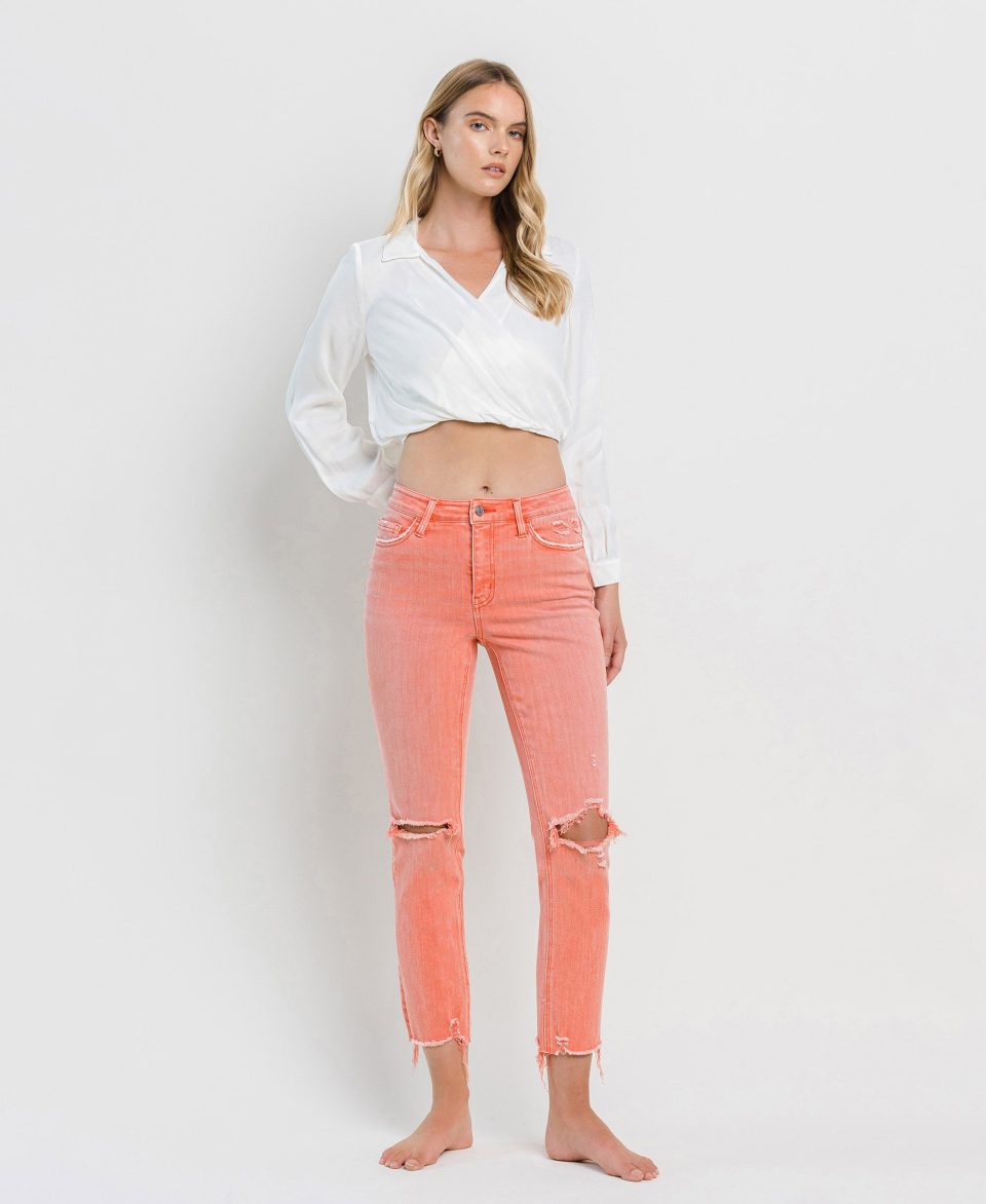 Lantana - High Rise Distressed Hem Crop Slim Straight Jeans