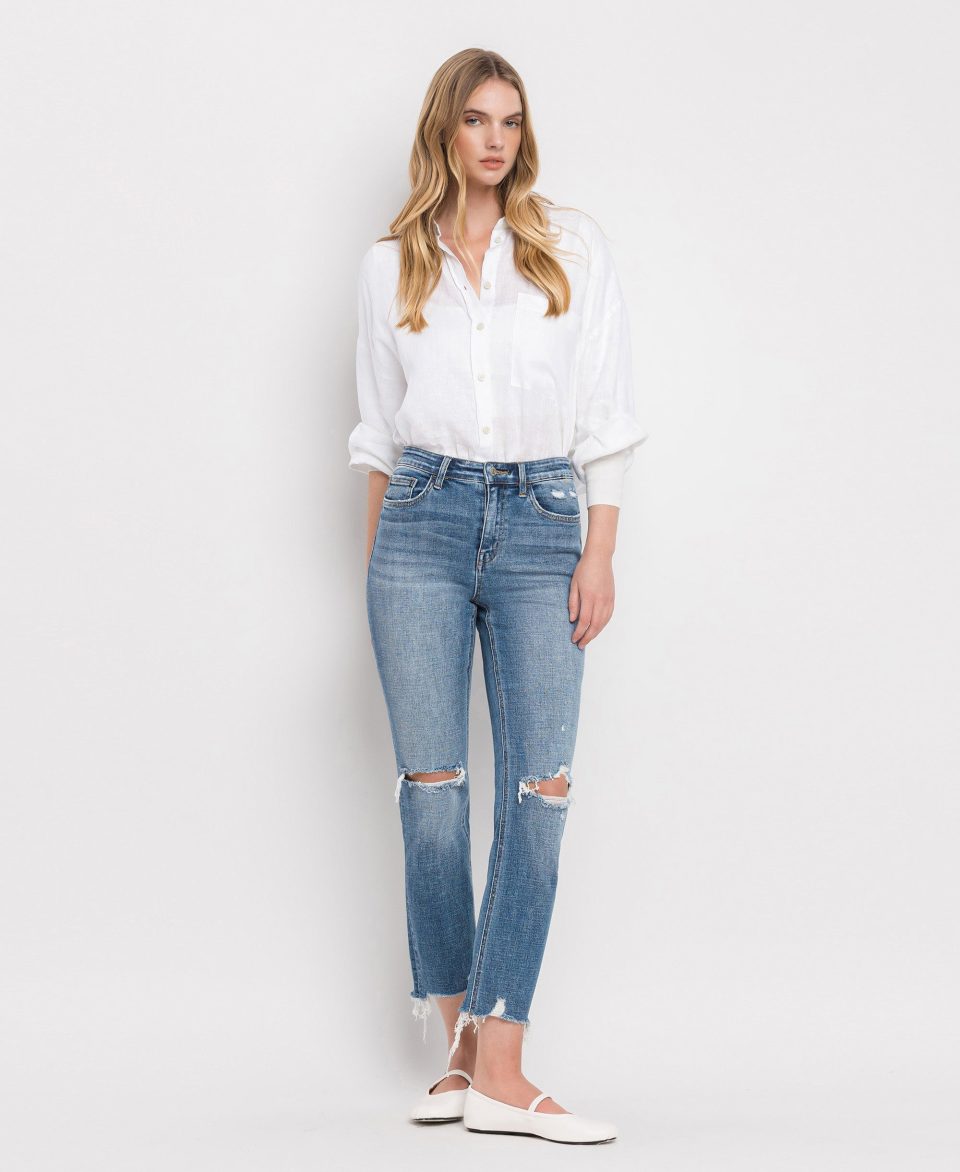 Holly - High Rise Distressed Hem Slim Straight Jeans