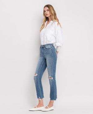 Holly – High Rise Distressed Hem Slim Straight Jeans