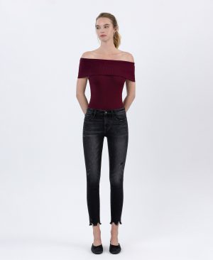 Noteworthy – Mid Rise Crop Distressed Hem Skinny Jeans