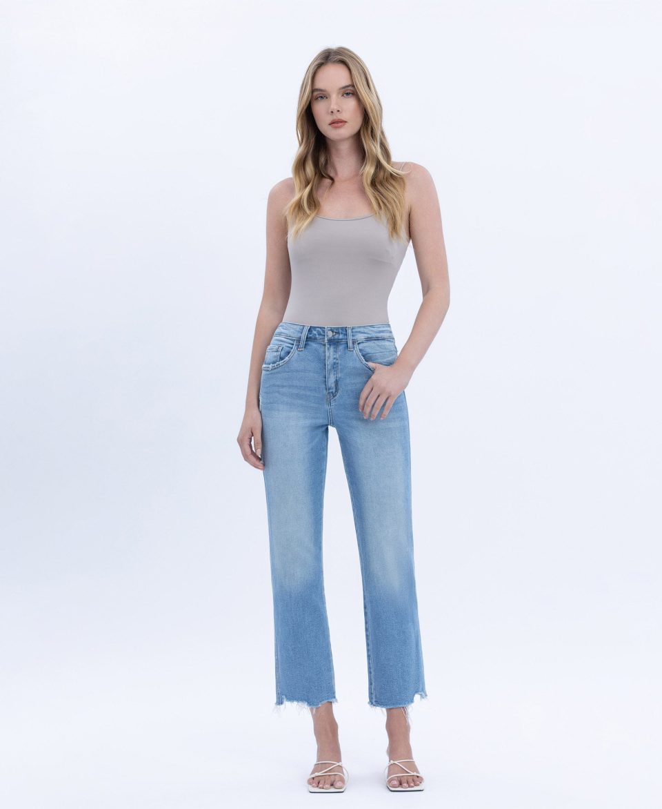Comfy - High Rise Frayed Hem Crop Straight Jeans