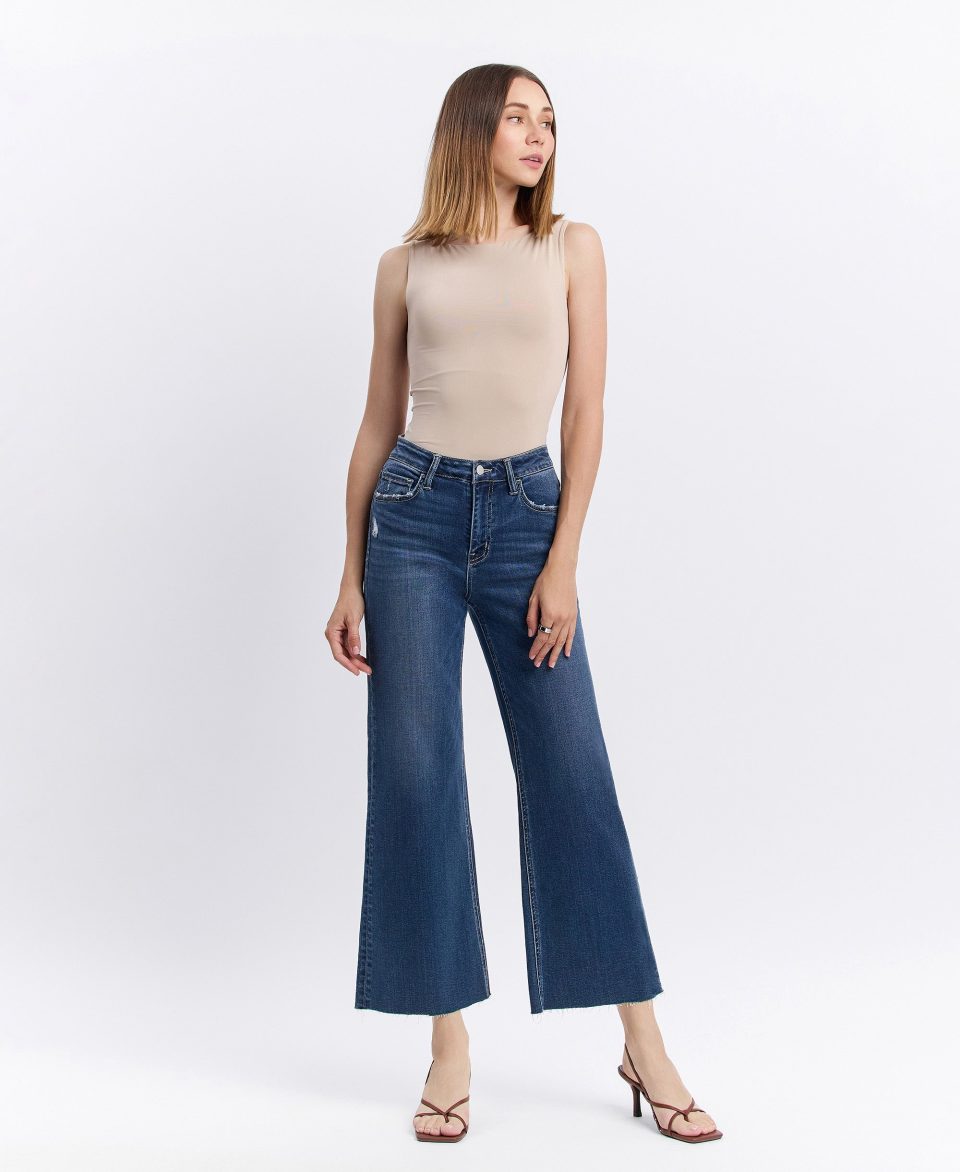 Interlude - High Rise Clean Cut Raw Hem Crop Wide Leg Jeans
