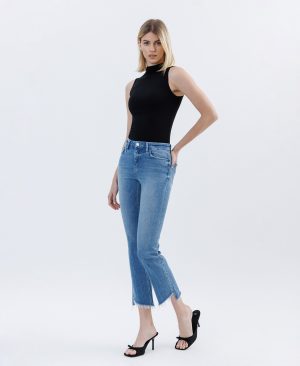 Instinctive – High Rise Raw Slant Hem Slim Straight Jeans