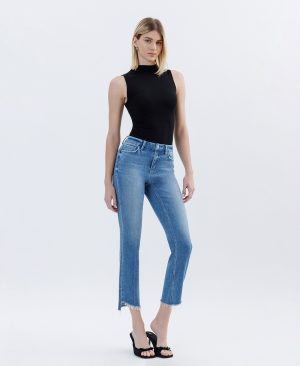 Instinctive – High Rise Raw Slant Hem Slim Straight Jeans