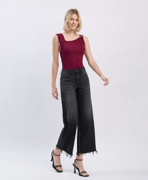 Stylized – High Rise Frayed Hem Ankle Wide Leg Jeans