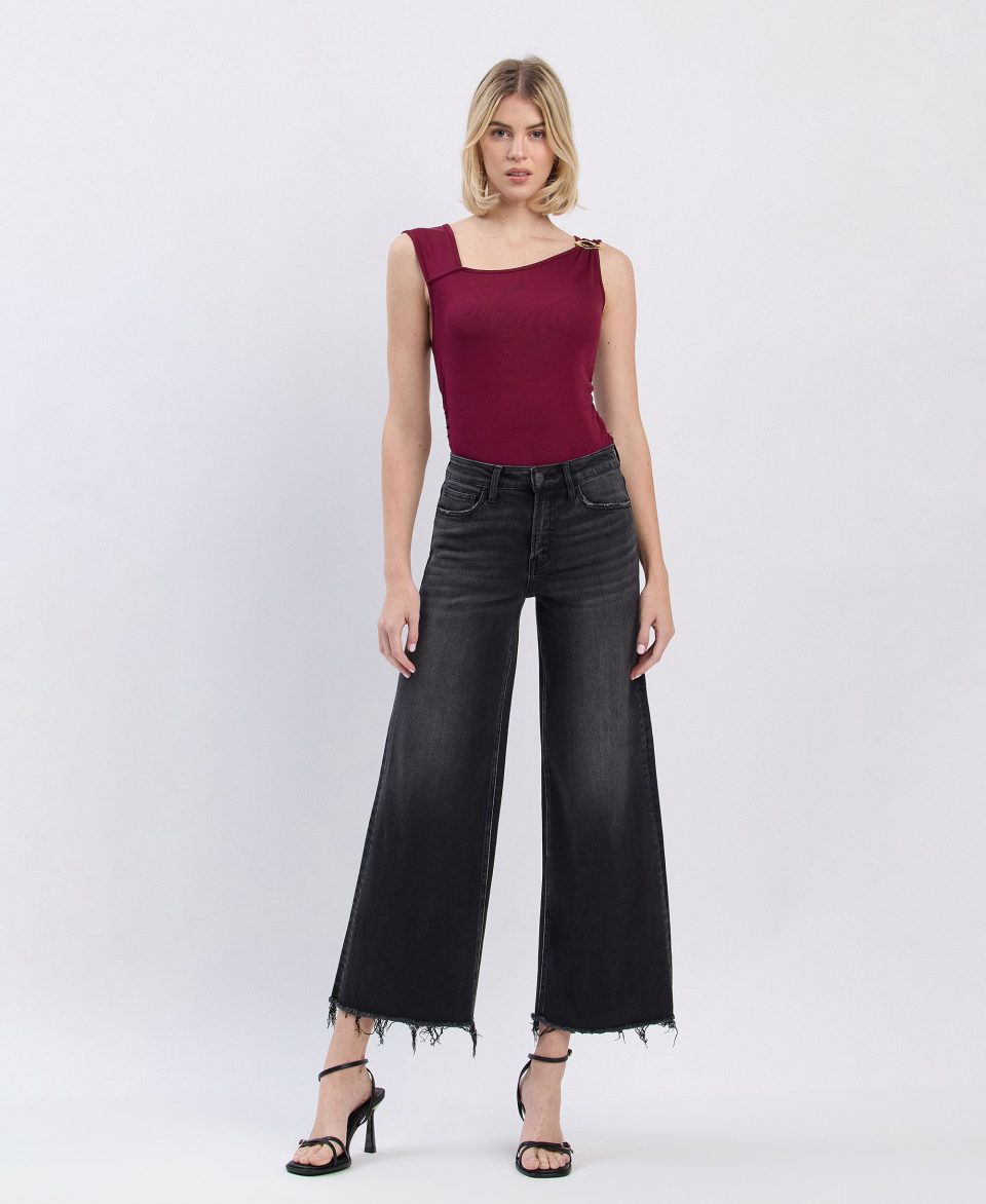 Stylized - High Rise Frayed Hem Ankle Wide Leg Jeans