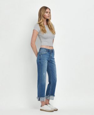 Four Season – Mid Rise Raw Cuffed Hem Slim Wide Leg Jeans