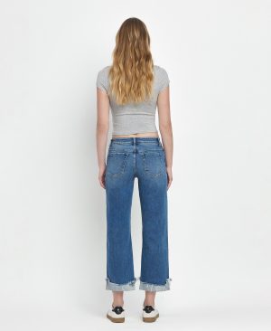 Four Season – Mid Rise Raw Cuffed Hem Slim Wide Leg Jeans