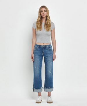 Four Season – Mid Rise Raw Cuffed Hem Slim Wide Leg Jeans
