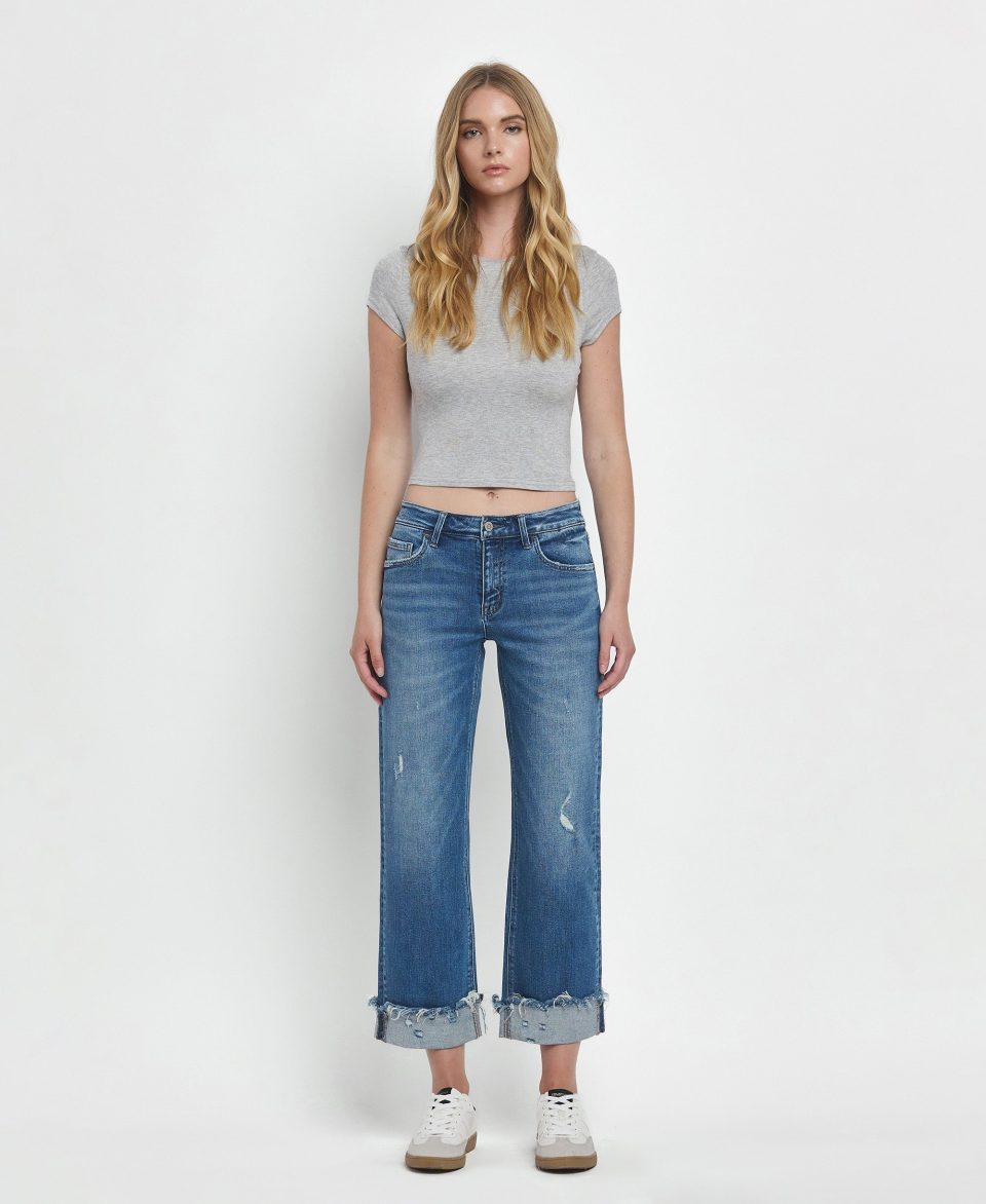 Four Season - Mid Rise Raw Cuffed Hem Slim Wide Leg Jeans