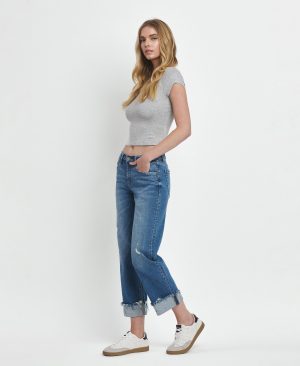 Four Season – Mid Rise Raw Cuffed Hem Slim Wide Leg Jeans