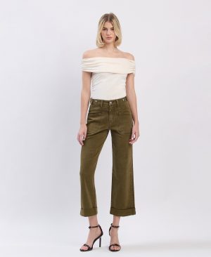 Dark Olive – High Rise Tab Waistband Cuffed Slim Wide Leg Jeans