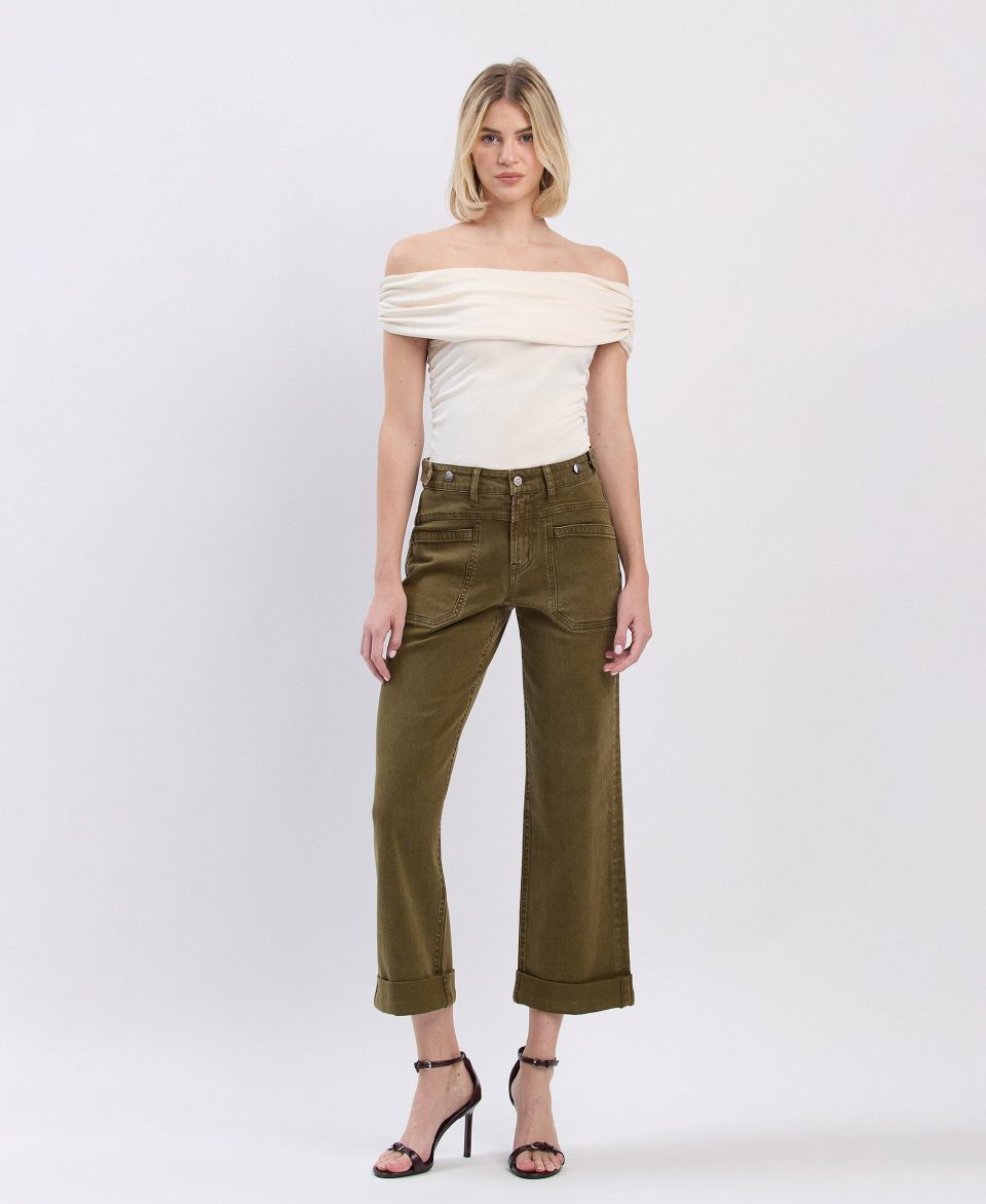 Dark Olive - High Rise Tab Waistband Cuffed Slim Wide Leg Jeans