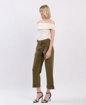 Dark Olive – High Rise Tab Waistband Cuffed Slim Wide Leg Jeans