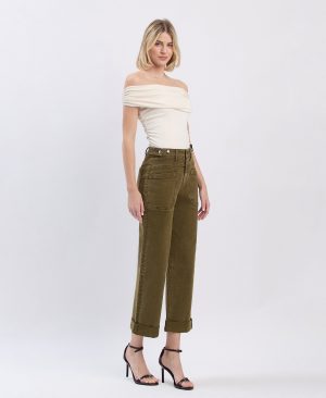 Dark Olive – High Rise Tab Waistband Cuffed Slim Wide Leg Jeans
