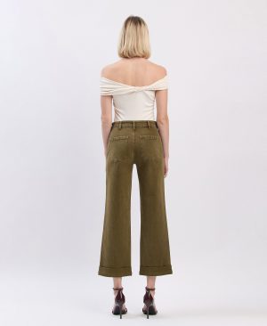 Dark Olive – High Rise Tab Waistband Cuffed Slim Wide Leg Jeans