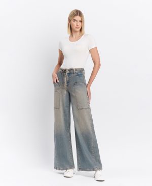 Genesis – High Rise Elastic Tie Waistband Baggy Wide Leg Jeans