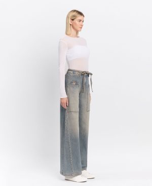 Genesis – High Rise Elastic Tie Waistband Baggy Wide Leg Jeans