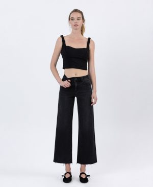 Xavier – High Rise Raw Hem Ankle Wide Leg Jeans