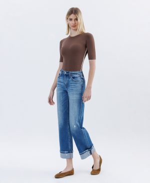 Dark Stone – High Rise Cuffed Slim Wide Leg Jeans