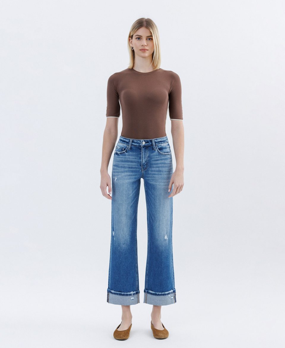 Dark Stone - High Rise Cuffed Slim Wide Leg Jeans