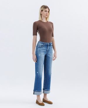 Dark Stone – High Rise Cuffed Slim Wide Leg Jeans