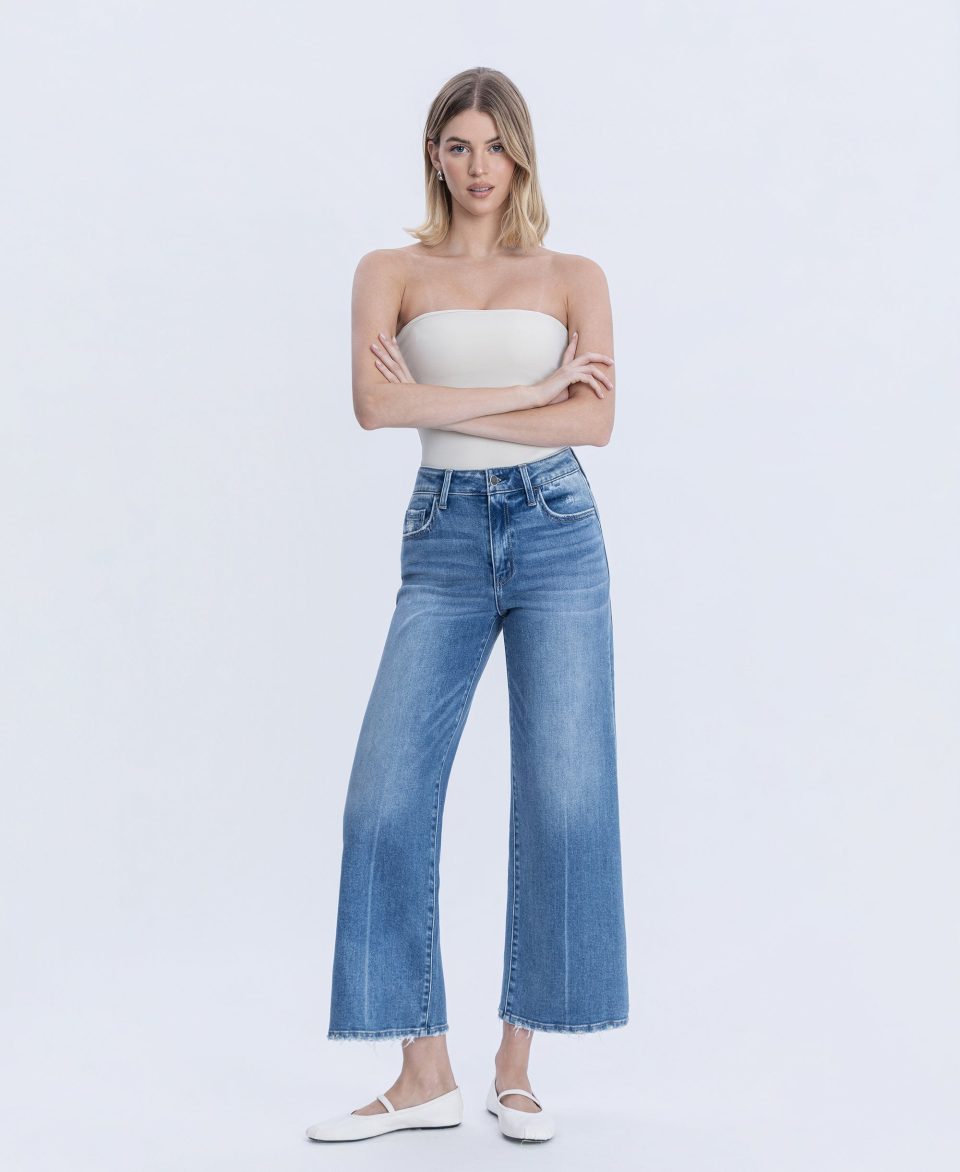 Wolf N Crane - High Rise Side Panel Step Hem Ankle Wide Leg Jeans
