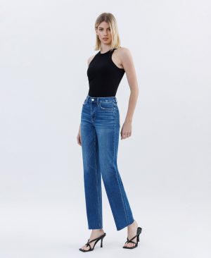 Raptureously – High Rise Clean Cut Raw Hem Straight Jeans