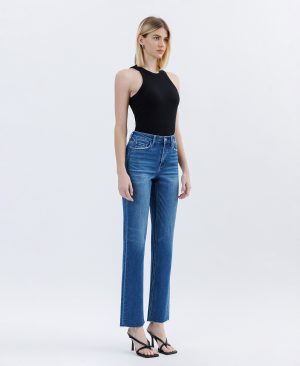 Raptureously – High Rise Clean Cut Raw Hem Straight Jeans
