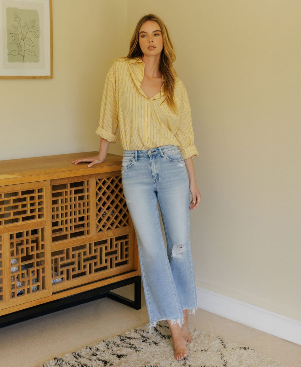 Ezra - High Rise Distressed Crop Slim Wide Leg Jeans