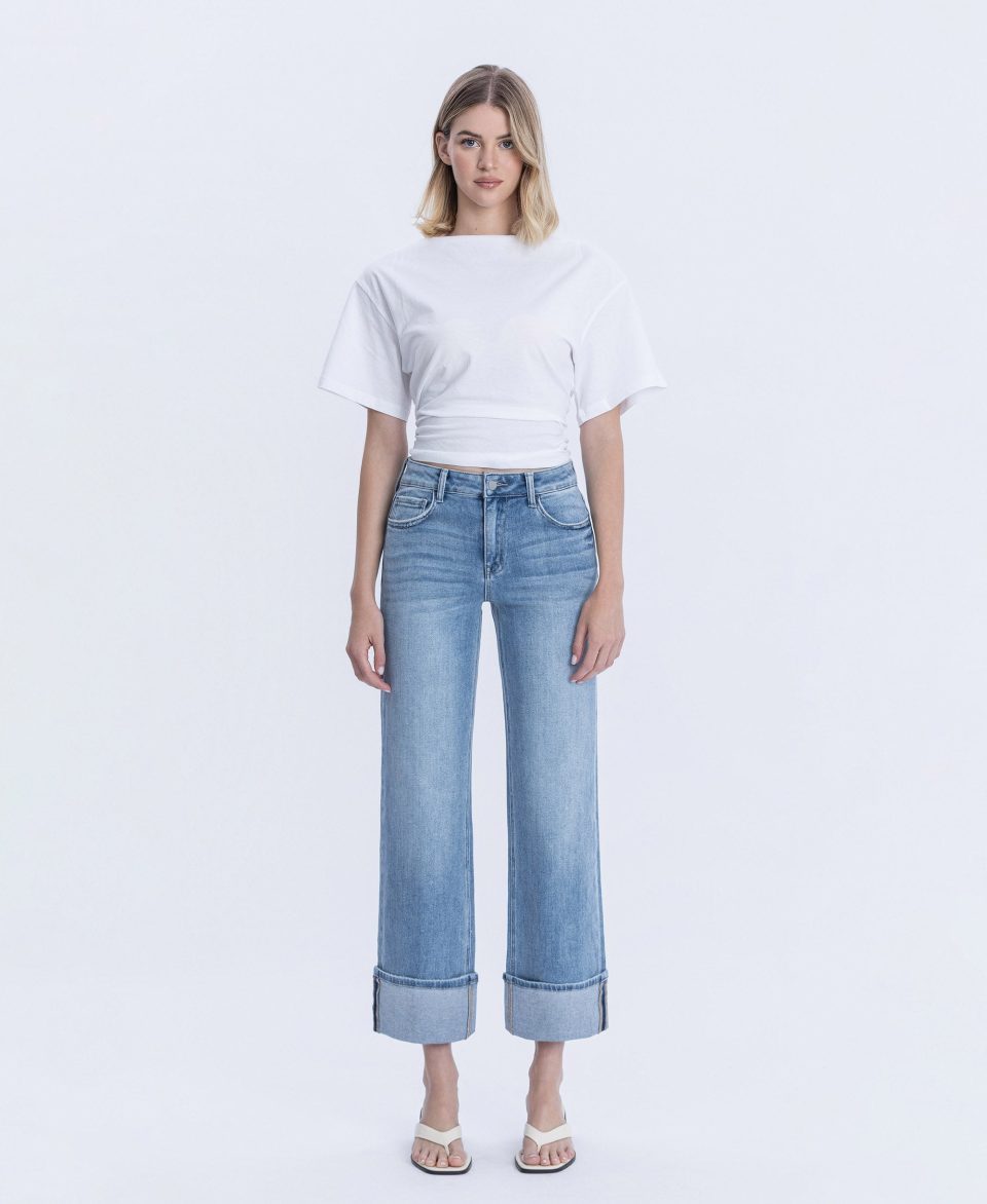 Elan - High Rise Cuffed Slim Wide Leg Jeans