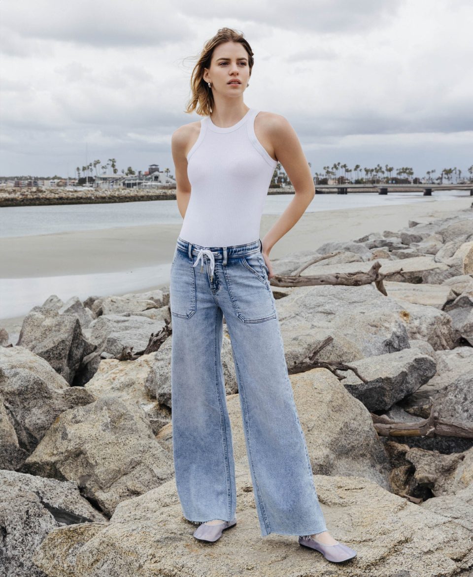 Clearly - High Rise Drawstring Waistband Wide Leg Jeans