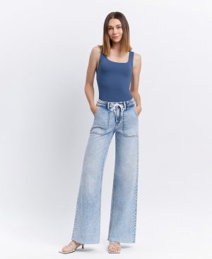 Clearly – High Rise Drawstring Waistband Wide Leg Jeans