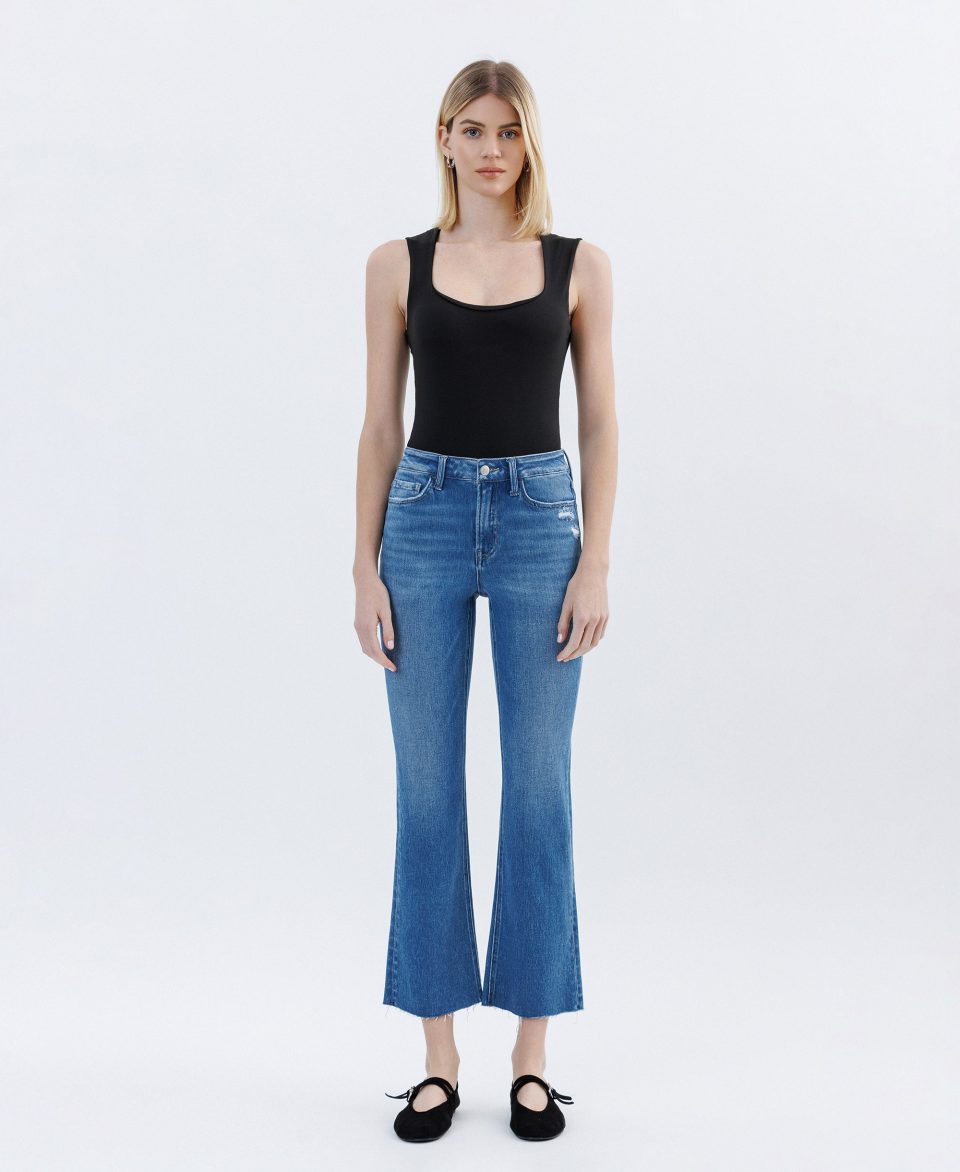 Vibrantly - High Rise Raw Hem Bootcut Jeans