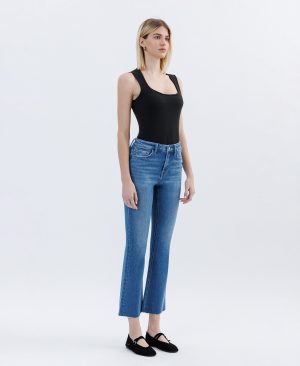 Vibrantly – High Rise Raw Hem Bootcut Jeans