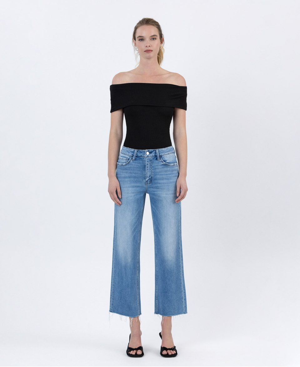 Well Balanced - High Rise Raw Hem Crop Slim Wide Leg Jeans
