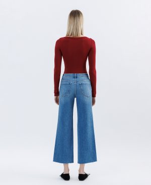 Jubilation – High Rise Raw Hem Crop Slim Wide Leg Jeans