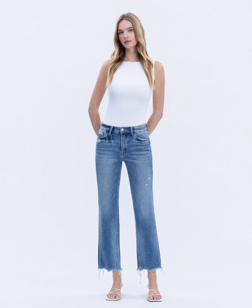 Impressive - High Rise Distressed Raw Hem Crop Straight Jeans