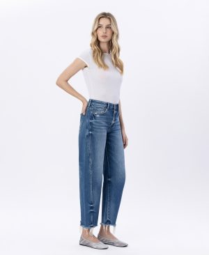 Delicate Zephyr – High Rise Uneven Raw Hem Barrel Jeans