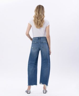 Delicate Zephyr – High Rise Uneven Raw Hem Barrel Jeans