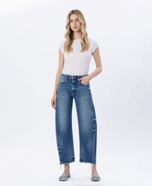 Delicate Zephyr – High Rise Uneven Raw Hem Barrel Jeans