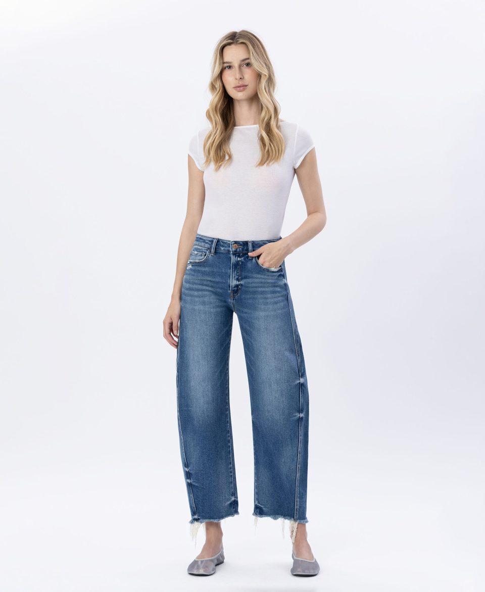 Delicate Zephyr - High Rise Uneven Raw Hem Barrel Jeans