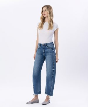 Delicate Zephyr – High Rise Uneven Raw Hem Barrel Jeans