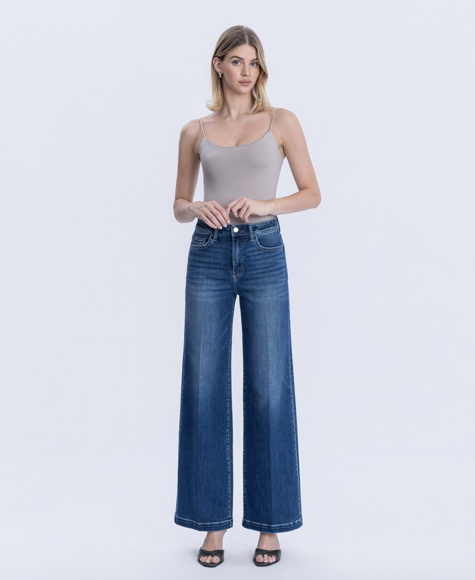 Heavenly Aura - Super High Rise Crease Line Detail Wide Leg Jeans