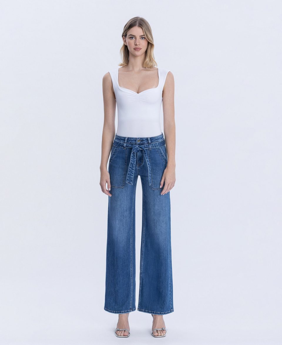 Pure Zephyr - High Rise Waist Tie Patch Pocket Wide Leg Jeans