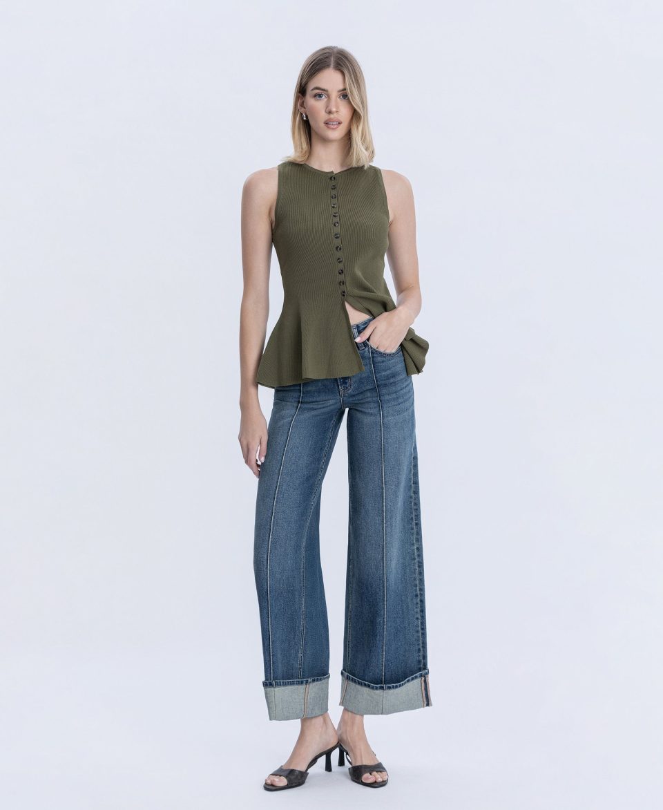 Authenticity - Mid Rise Pin Tuck Cuffed Baggy Wide Leg Jeans