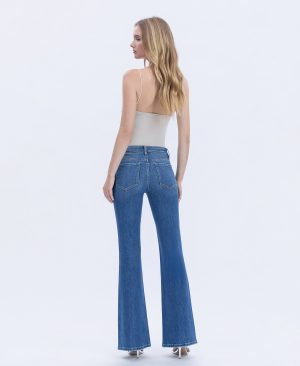 Inspiring – Mid Rise Welt Pocket Pin Tuck Flare Jeans