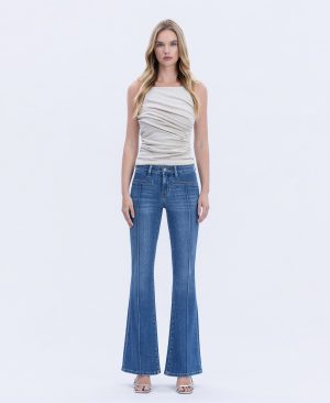 Inspiring – Mid Rise Welt Pocket Pin Tuck Flare Jeans